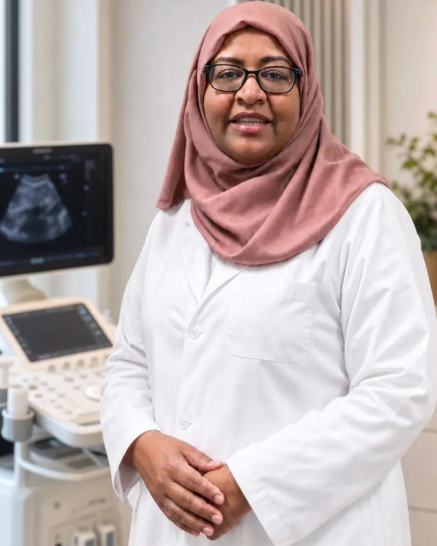 الأخصائية صفاء عبد العزيز بجوار جهاز السونار في مجمع تغريد الطبي