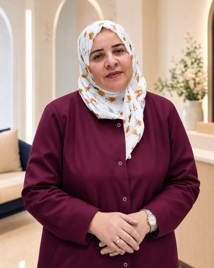 الدكتورة تغريد محمد حسن داخل عيادتها في مجمع تغريد الطبي